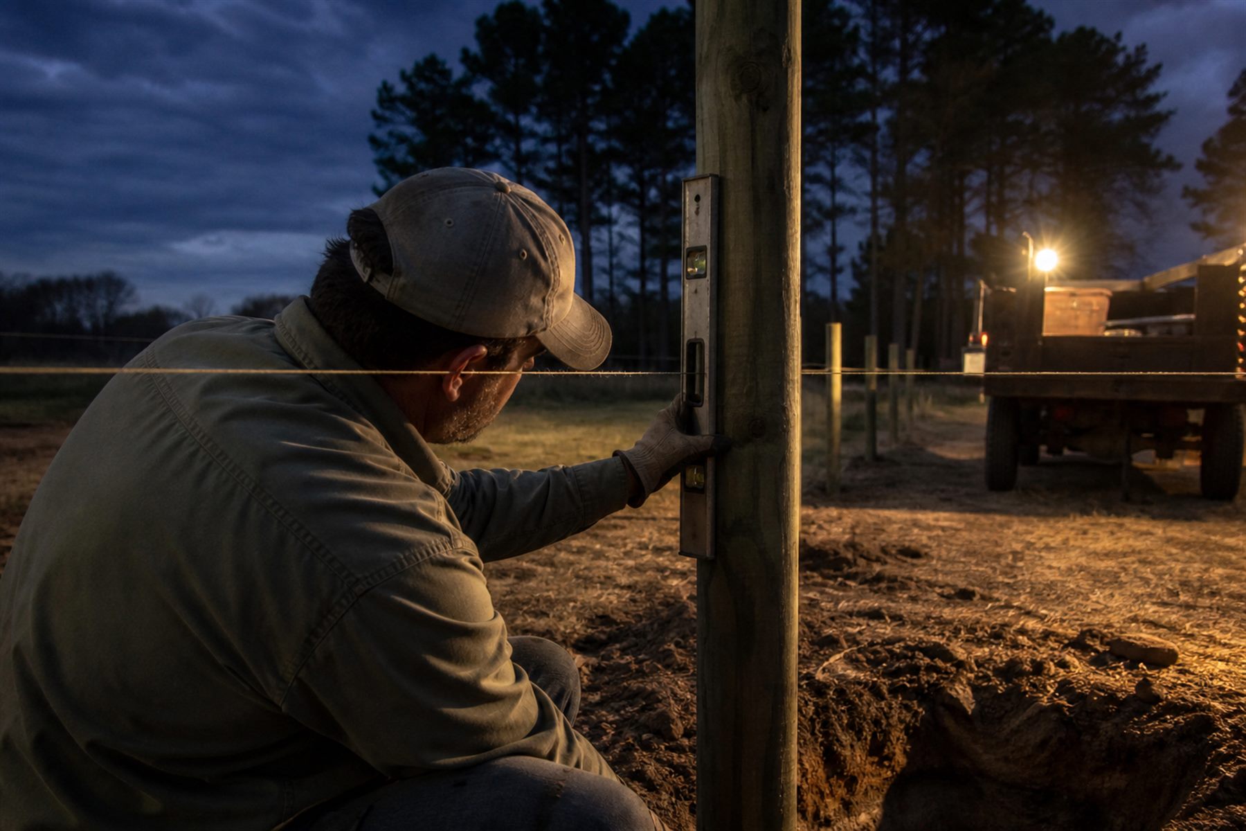 Teddy checking a fence post for plumb with a level on a rural Marion County lot at dusk