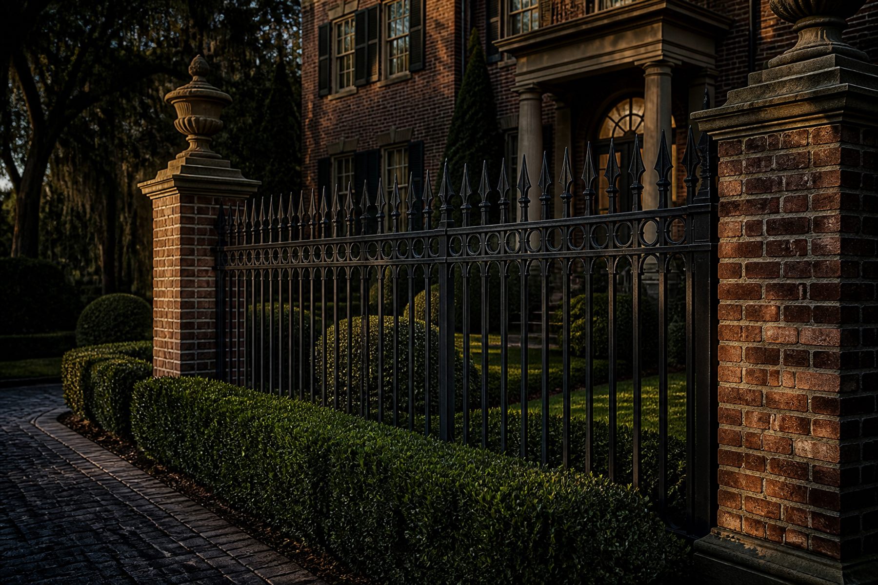 Black ornamental iron fence with spear-top pickets between red brick columns