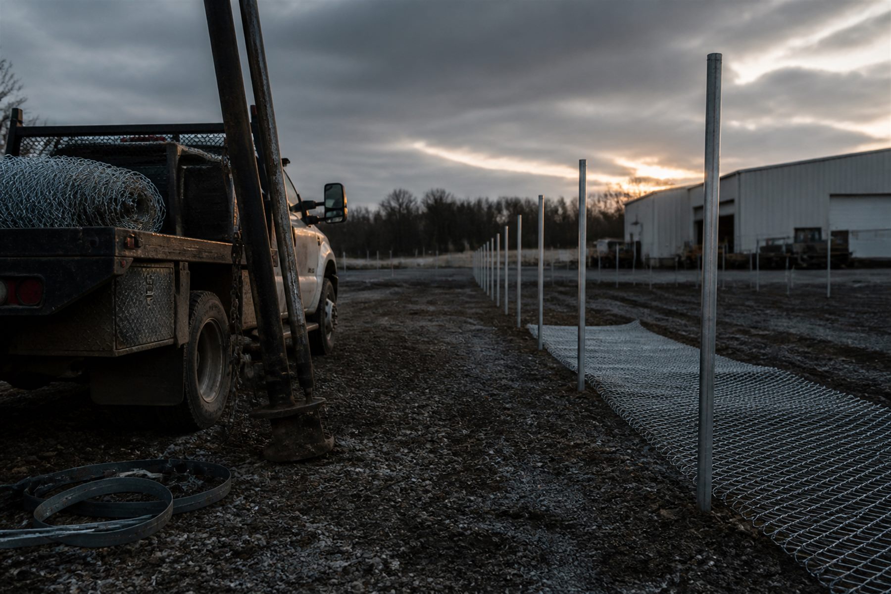 Galvanized chain-link fence being installed around a small commercial equipment yard